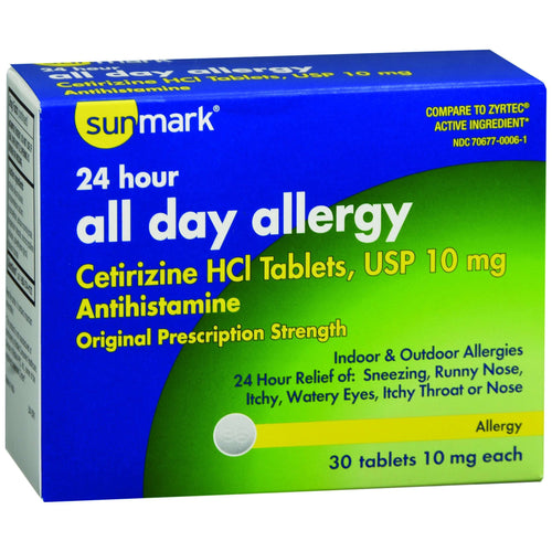 sunmark Cetirizine HCl Allergy Relief, 30 tablets per Bottle