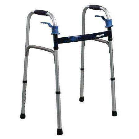 drive Deluxe Dual Release Folding Walker, 25.5 - 32 in., Flame Blue, 350-lb capacity, Aluminum