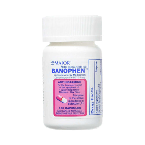 Banophen Diphenhydramine HCl Allergy Relief, 100 capsules per Bottle